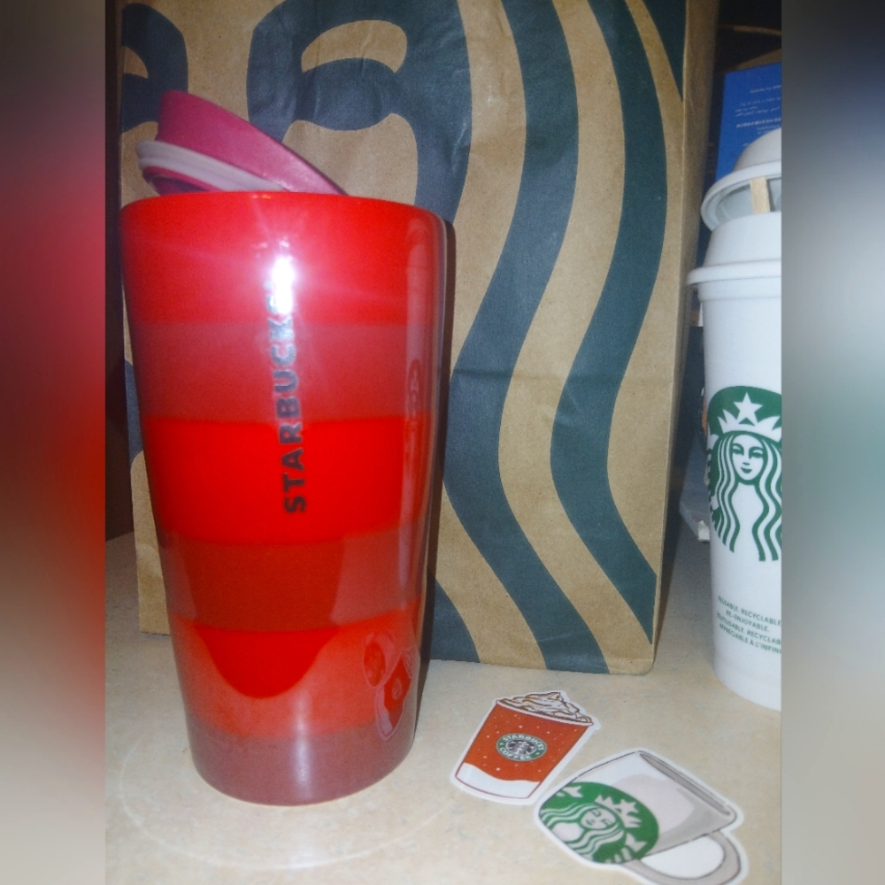 NEW Starbucks Rare Red Stripped Ceramic Tumbler with travel lid